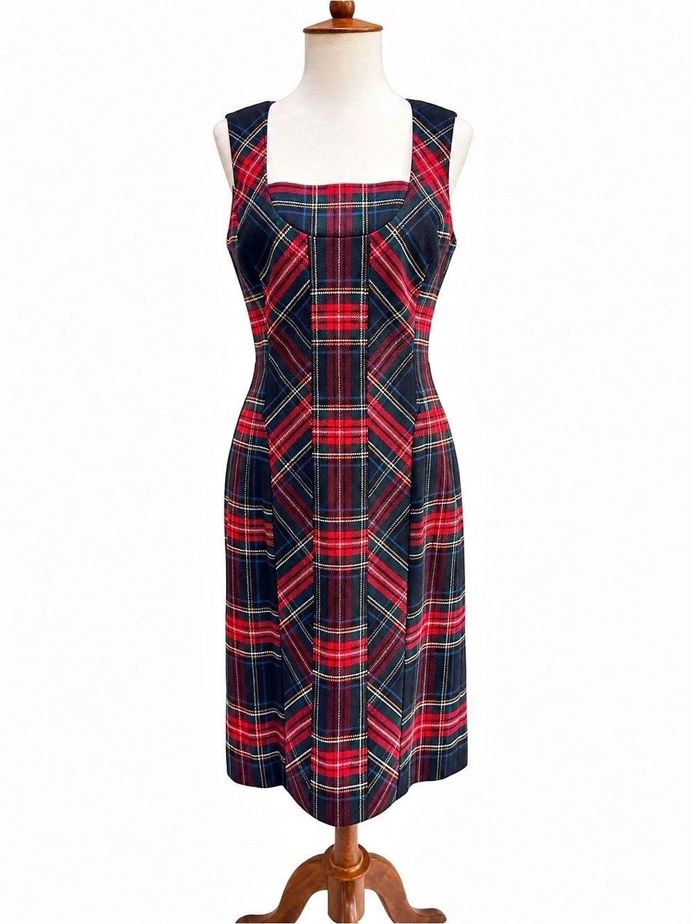 ETCETERA Plaid Midi Dress in Black & Red Size 6 Wool blend holiday
